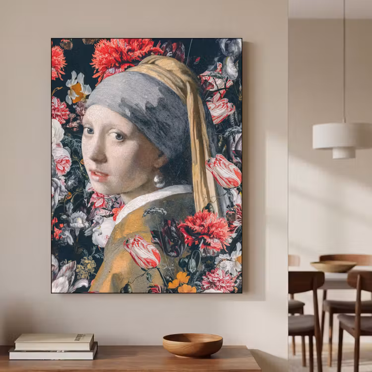 Meisje met de parel - Johannes Vermeer - Bloemen Textielframe zwart klein -sfeer2