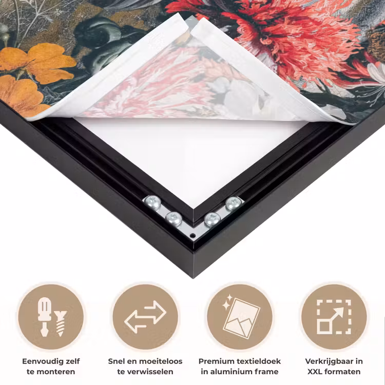 Meisje met de parel - Johannes Vermeer - Bloemen Textielframe zwart klein -USP_closeupNL
