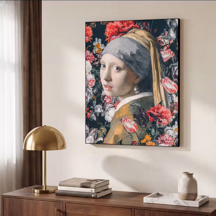 Meisje met de parel - Johannes Vermeer - Bloemen Textielframe zwart klein -sfeer3