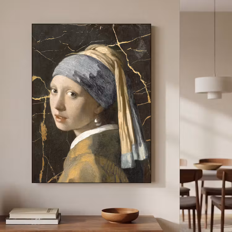 Meisje met de parel - Johannes Vermeer - Goud Textielframe zwart klein -sfeer2