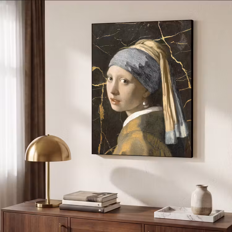 Meisje met de parel - Johannes Vermeer - Goud Textielframe zwart klein -sfeer3