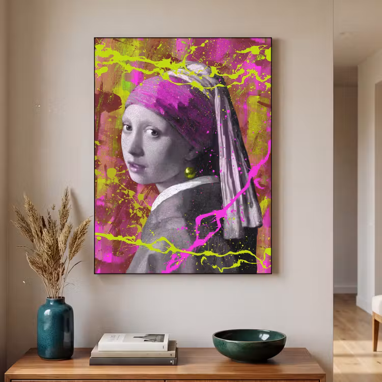 Meisje met de parel - Johannes Vermeer - Neon Textielframe zwart klein -sfeer1