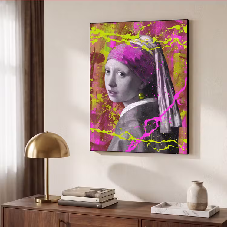 Meisje met de parel - Johannes Vermeer - Neon Textielframe zwart klein -sfeer3