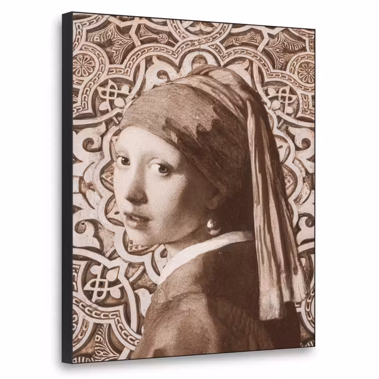 Meisje met de parel - Johannes Vermeer - Sepia Textielframe zwart klein -3d