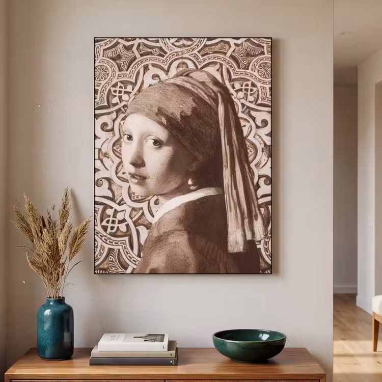 Meisje met de parel - Johannes Vermeer - Sepia Textielframe zwart klein -sfeer1
