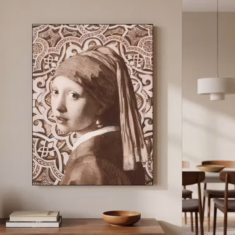 Meisje met de parel - Johannes Vermeer - Sepia Textielframe zwart klein -sfeer2