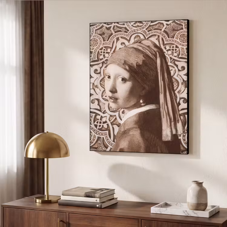 Meisje met de parel - Johannes Vermeer - Sepia Textielframe zwart klein -sfeer3