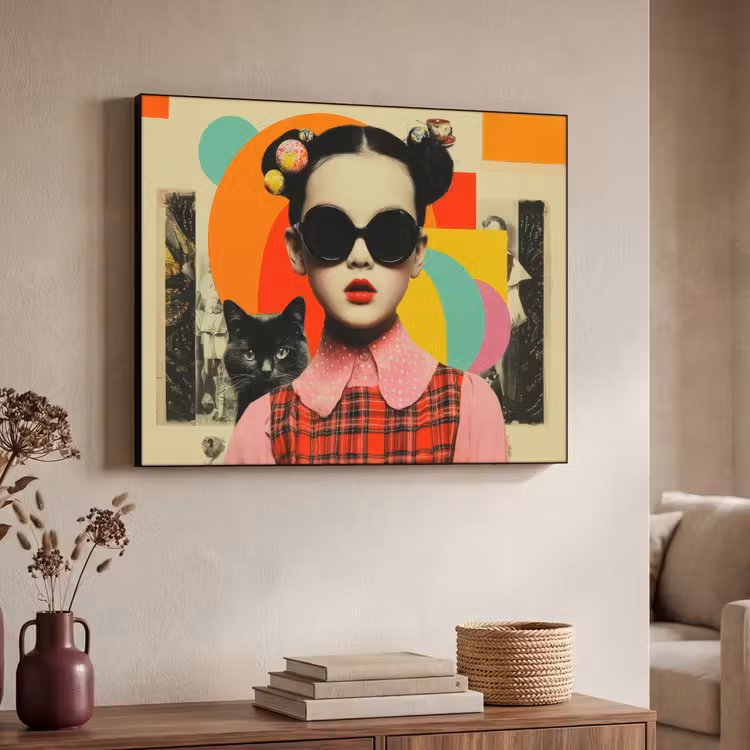 Meisje - Zonnebril - Kat - Retro Textielframe - compleet frame klein -sfeer3