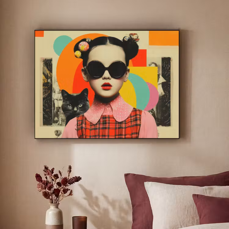 Meisje - Zonnebril - Kat - Retro Textielframe - compleet frame klein -sfeer1