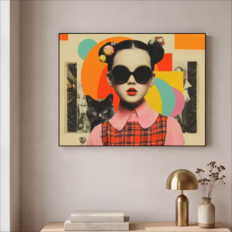 Meisje - Zonnebril - Kat - Retro Textielframe - compleet frame klein -sfeer2