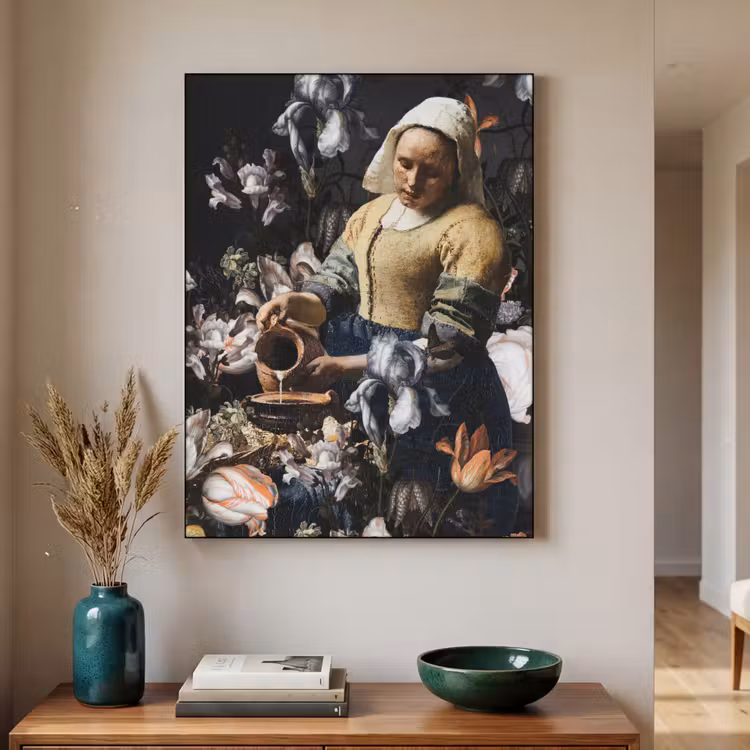 Melkmeisje - Johannes Vermeer - Bloemen - Blauw Textielframe zwart klein -sfeer1