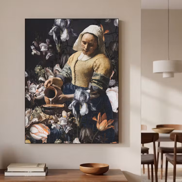 Melkmeisje - Johannes Vermeer - Bloemen - Blauw Textielframe zwart klein -sfeer2