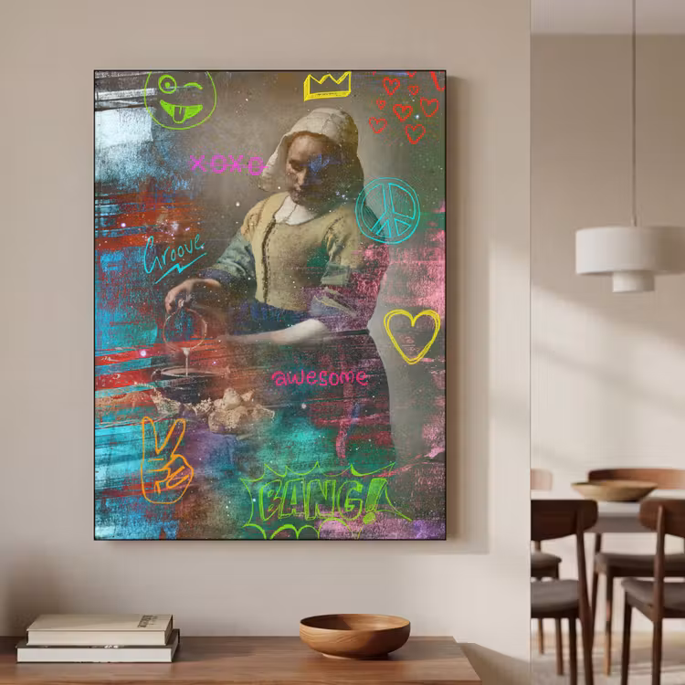 Melkmeisje - Johannes Vermeer - Graffiti Textielframe zwart klein -sfeer2