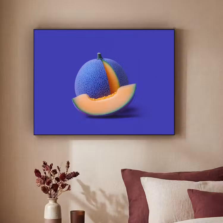 Meloen - Blauw - Oranje - Kunstzinnig Textielframe zwart klein -sfeer1