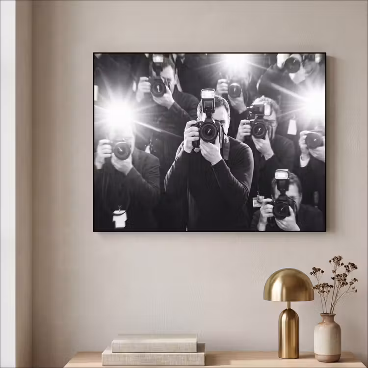 Mensen - Camera - Flitslicht - Zwart-wit - Media Textielframe zwart klein -sfeer2