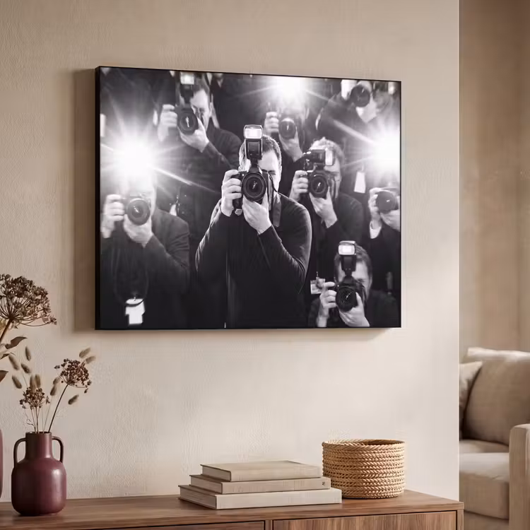 Mensen - Camera - Flitslicht - Zwart-wit - Media Textielframe zwart klein -sfeer3