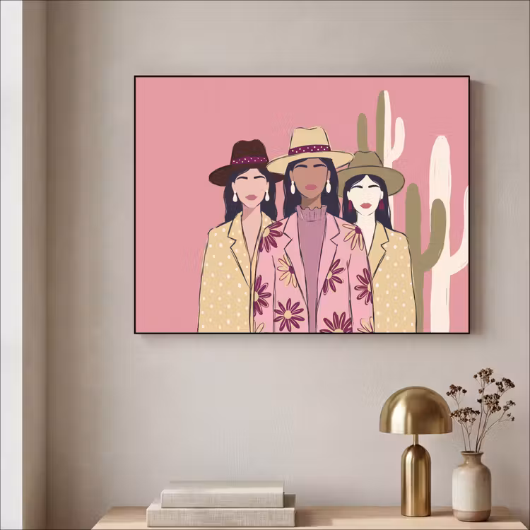 Mensen - Hoeden - Abstract - Roze - Portret Textielframe zwart klein -sfeer2