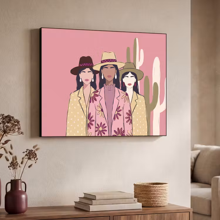 Mensen - Hoeden - Abstract - Roze - Portret Textielframe zwart klein -sfeer3