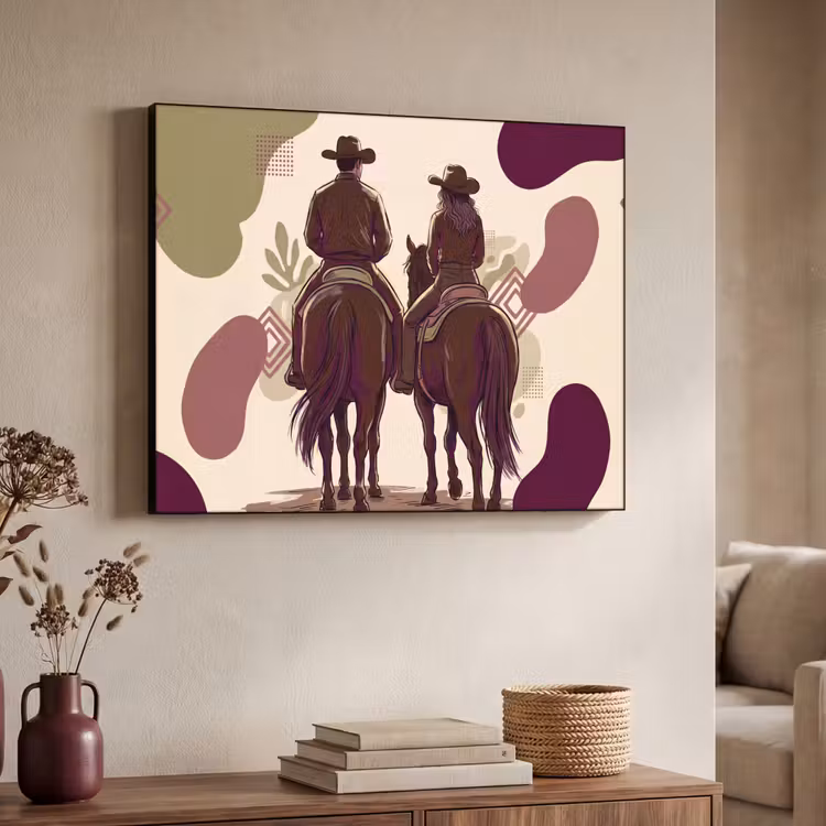 Mensen - Ruiters - Western - Illustratie - Bruin Textielframe zwart klein -sfeer3
