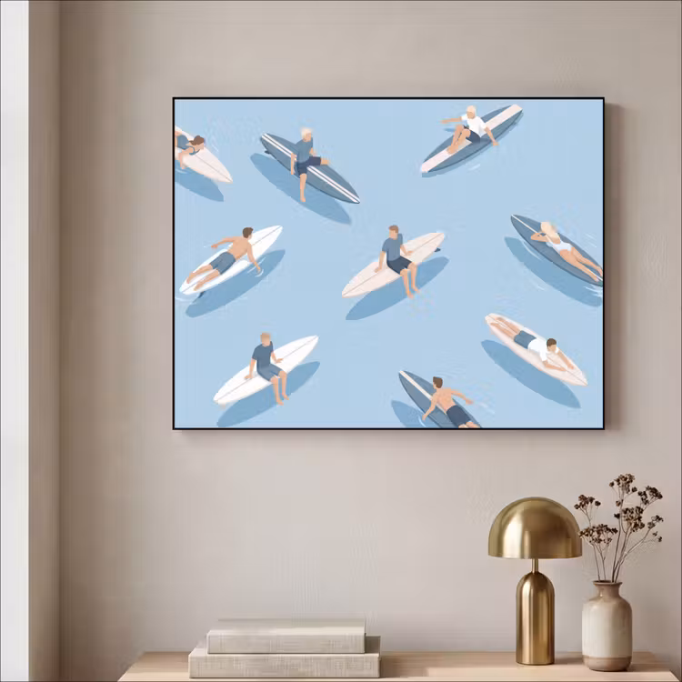 Mensen - Surfen - Water - Zomer - Illustratie Textielframe zwart klein -sfeer2