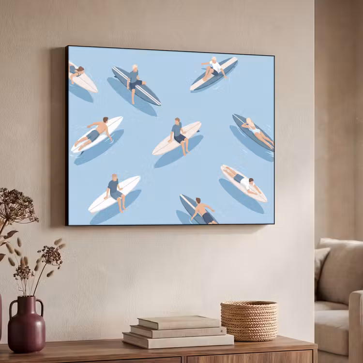 Mensen - Surfen - Water - Zomer - Illustratie Textielframe zwart klein -sfeer3