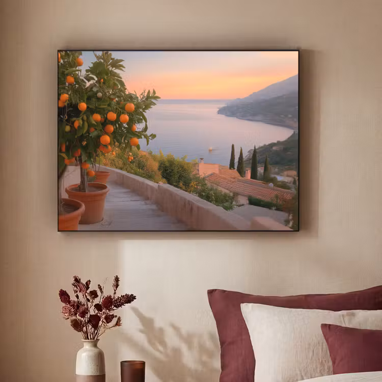 Middelandse zee - Sinaasappel - Heuvels - Zee Textielframe - compleet frame klein -sfeer1