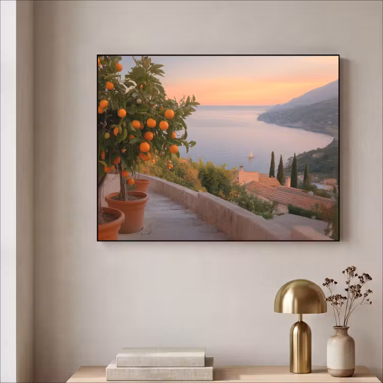 Middelandse zee - Sinaasappel - Heuvels - Zee Textielframe zwart klein -sfeer2