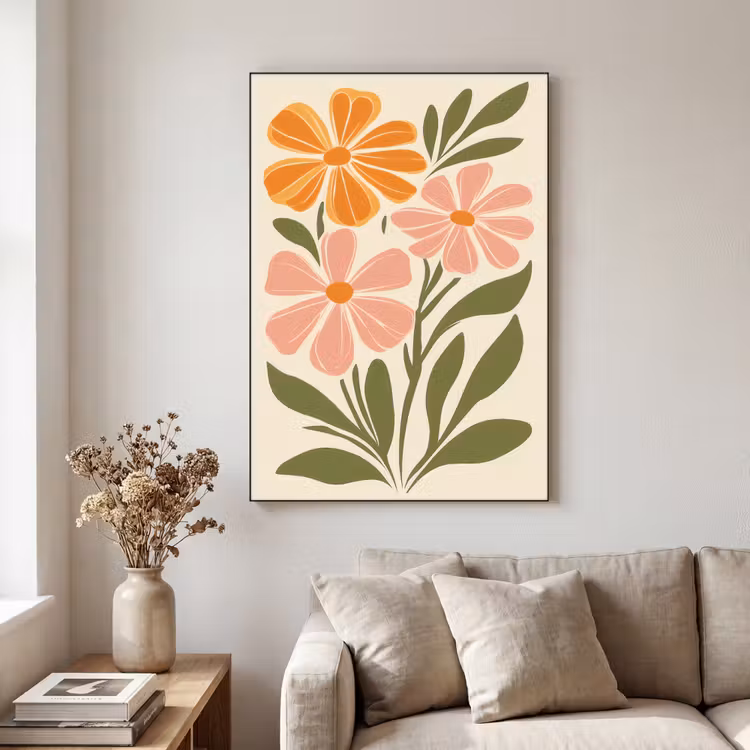Minimalistisch - Bloemen - Bladeren - Roze Textielframe - compleet frame klein -sfeer1