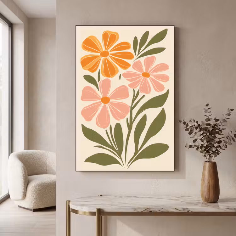 Minimalistisch - Bloemen - Bladeren - Roze Textielframe - compleet frame klein -sfeer2