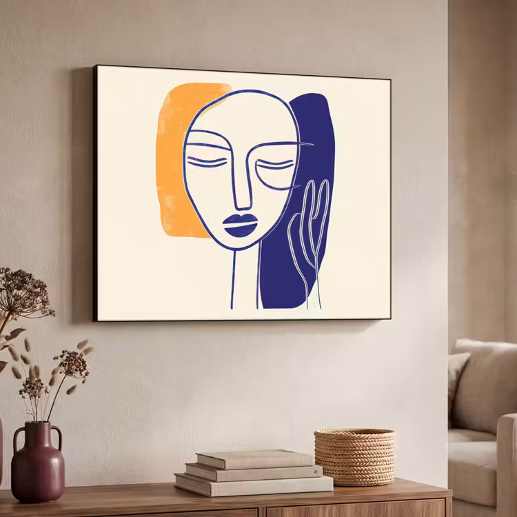 Minimalistisch - Gezicht - Hand - Oranje - Blauw Textielframe zwart klein -sfeer3