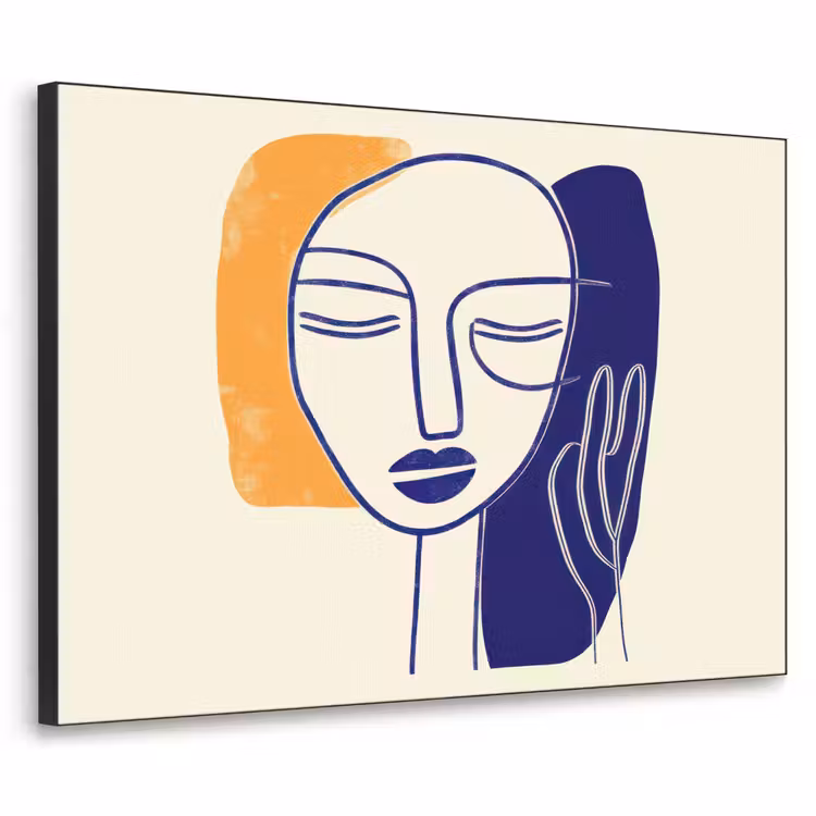 Minimalistisch - Gezicht - Hand - Oranje - Blauw Textielframe zwart klein -3d