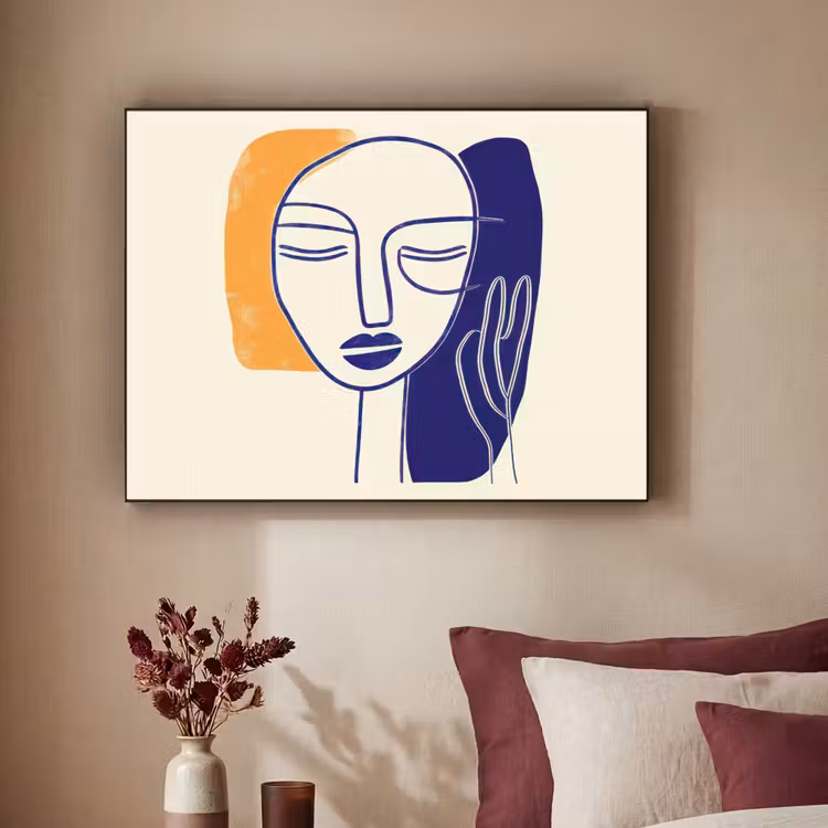 Minimalistisch - Gezicht - Hand - Oranje - Blauw Textielframe - compleet frame klein -sfeer1