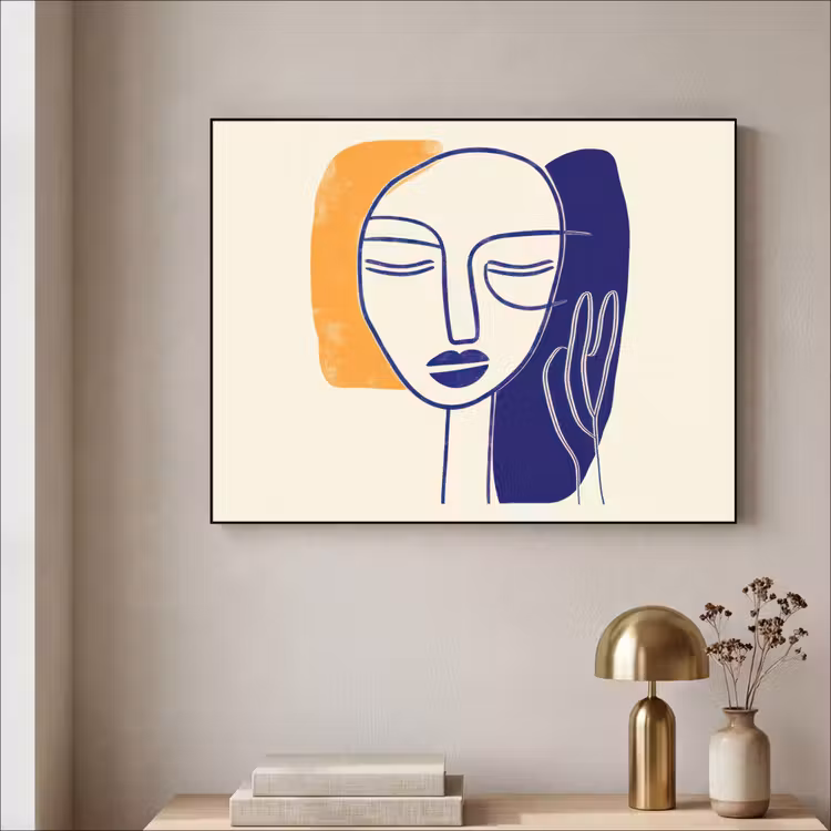 Minimalistisch - Gezicht - Hand - Oranje - Blauw Textielframe - compleet frame klein -sfeer2