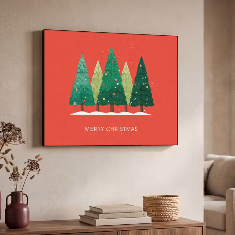 Minimalistisch - Kerstbomen - Rood - Sneeuw Textielframe zwart klein -sfeer3