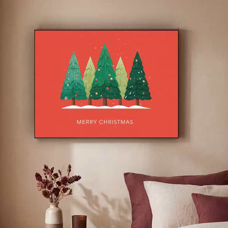Minimalistisch - Kerstbomen - Rood - Sneeuw Textielframe - compleet frame klein -sfeer1