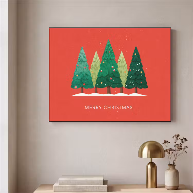 Minimalistisch - Kerstbomen - Rood - Sneeuw Textielframe zwart klein -sfeer2