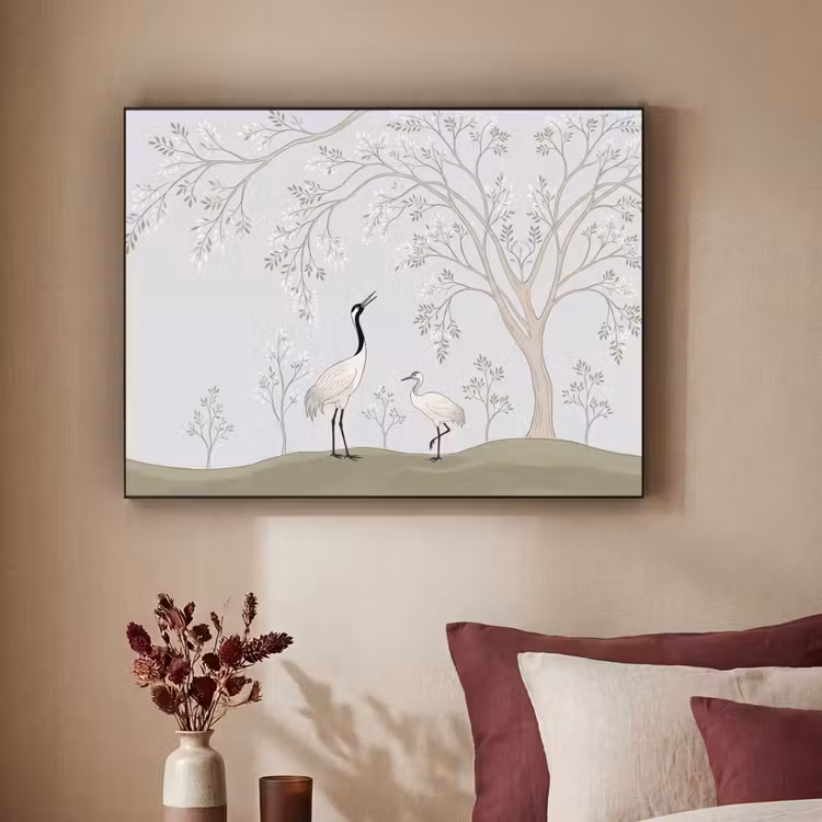 Minimalistisch - Kraanvogels - Blauw Textielframe zwart klein -sfeer1