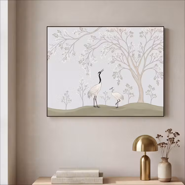 Minimalistisch - Kraanvogels - Blauw Textielframe zwart klein -sfeer2