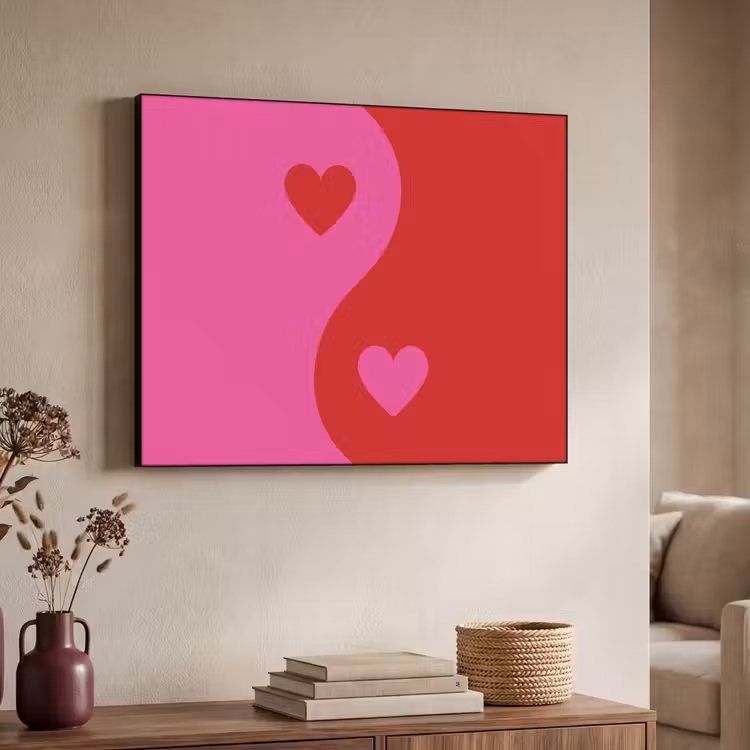 Minimalistisch - Rood - Roze - Hartjes Textielframe zwart klein -sfeer3
