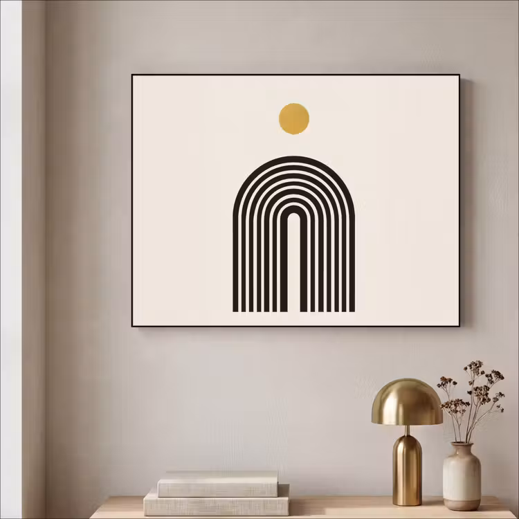 Minimalistisch - Zwarte boog - Gouden cirkel Textielframe - compleet frame klein -sfeer2