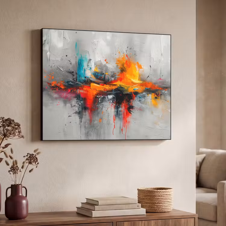 Modern - Oranje - Grijs - Kunst Textielframe zwart klein -sfeer3