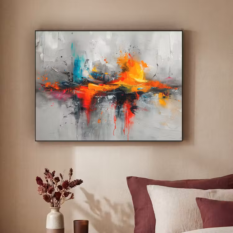 Modern - Oranje - Grijs - Kunst Textielframe - compleet frame klein -sfeer1
