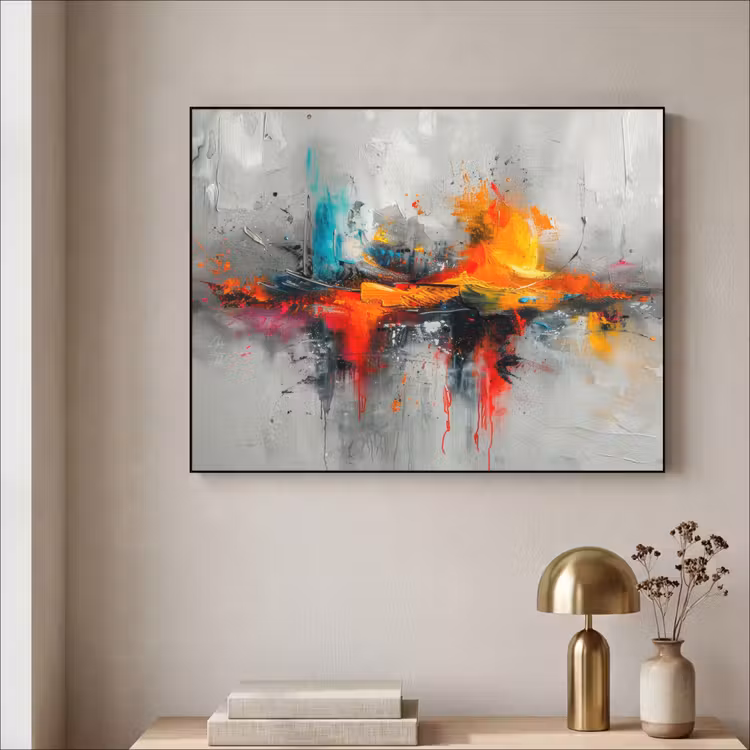 Modern - Oranje - Grijs - Kunst Textielframe zwart klein -sfeer2