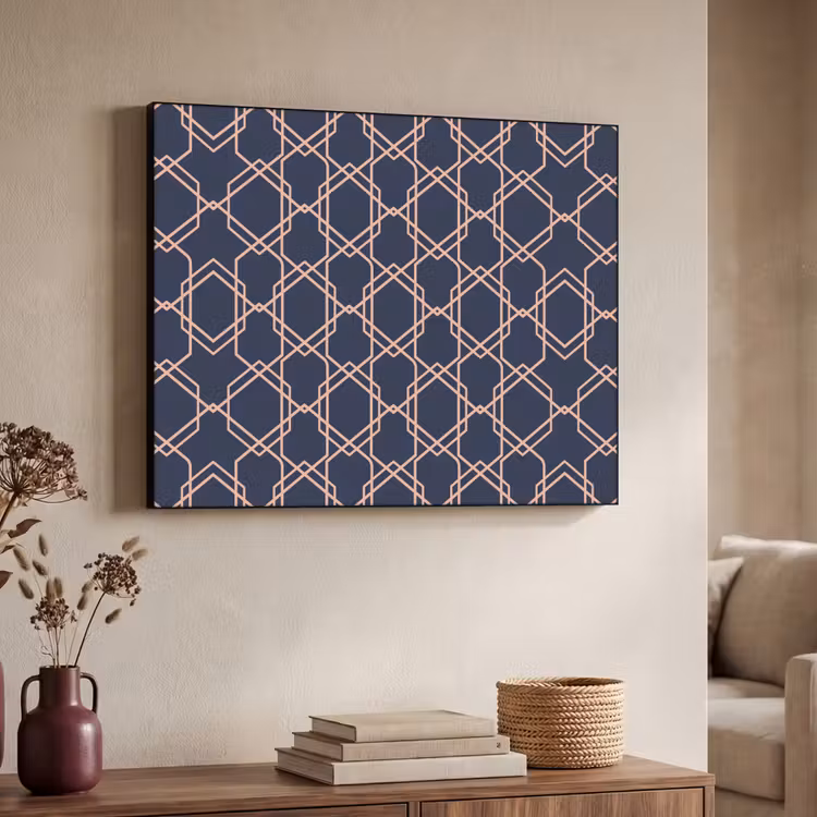Modern - Patroon - Donkerblauw - Roze Textielframe - compleet frame klein 947 -sfeer3