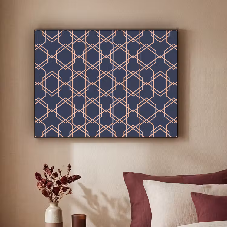 Modern - Patroon - Donkerblauw - Roze Textielframe zwart klein 947 -sfeer1