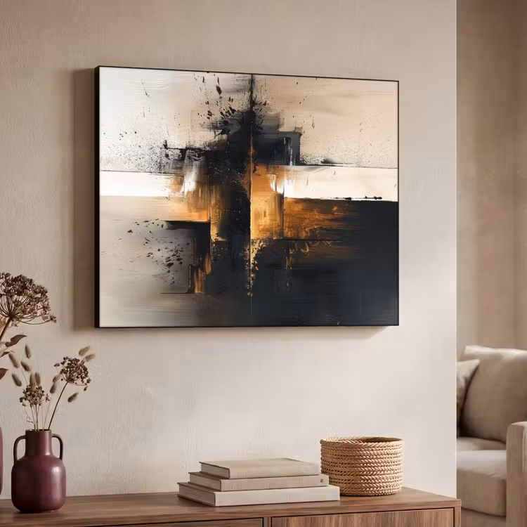 Modern - Zwart - Verf - Goud Textielframe - compleet frame klein -sfeer3