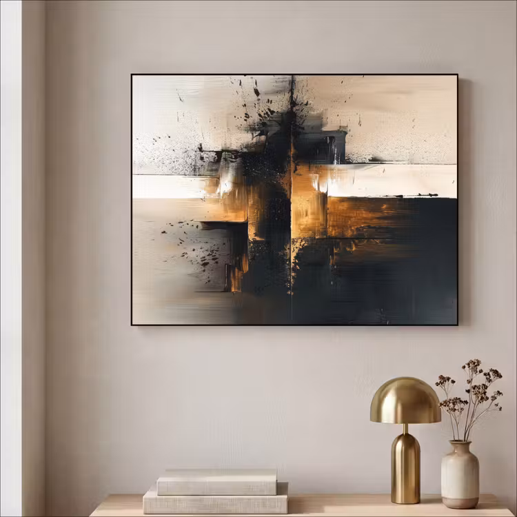 Modern - Zwart - Verf - Goud Textielframe - compleet frame klein -sfeer2