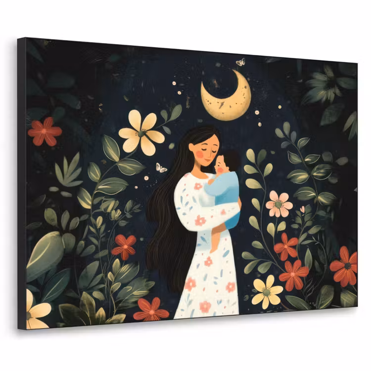 Moeder - Kind - Kleurrijk - Bloemen Textielframe zwart klein -3d