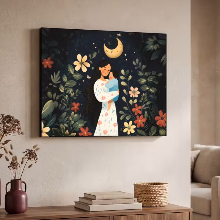 Moeder - Kind - Kleurrijk - Bloemen Textielframe zwart klein -sfeer3