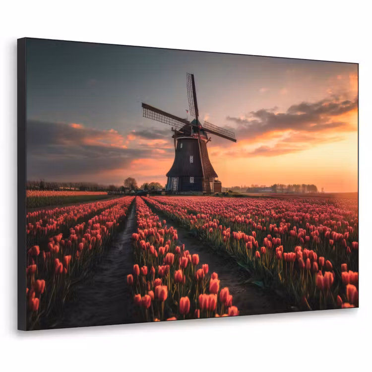 Molen - Zonsondergang - Tulpen - Rood Textielframe - compleet frame klein -3d